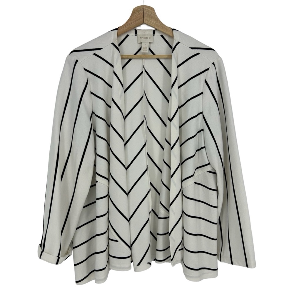 Chico’s Striped White Black Cardigan Open Front Stretch Sweater